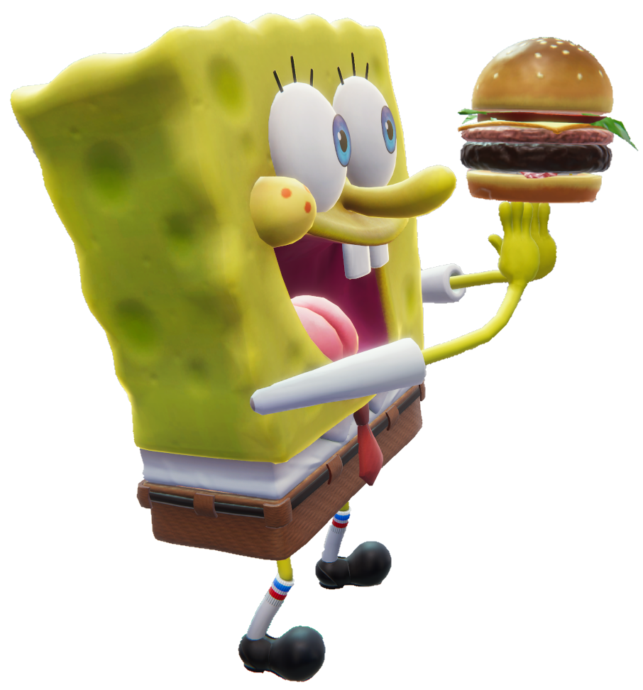 SpongeBob smiles while holding a Krabby Patty.