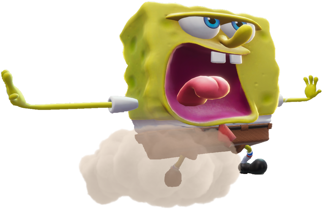 SpongeBob landing on the ground in a puff of smoke.
