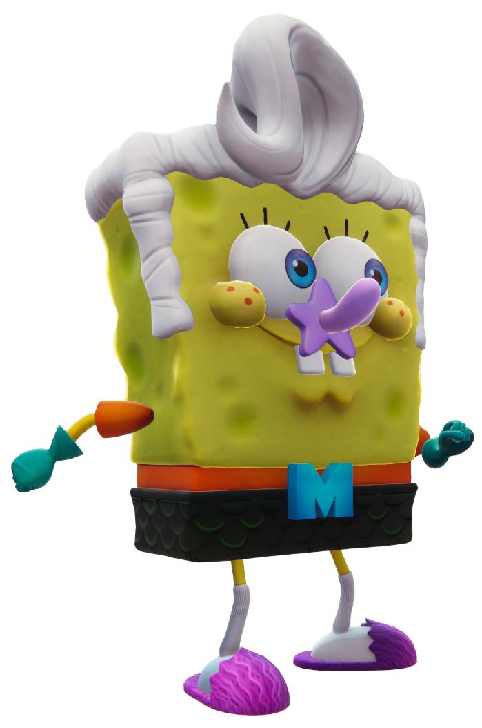 SpongeBob smiling while standing still, dressed as Mermaid Man.