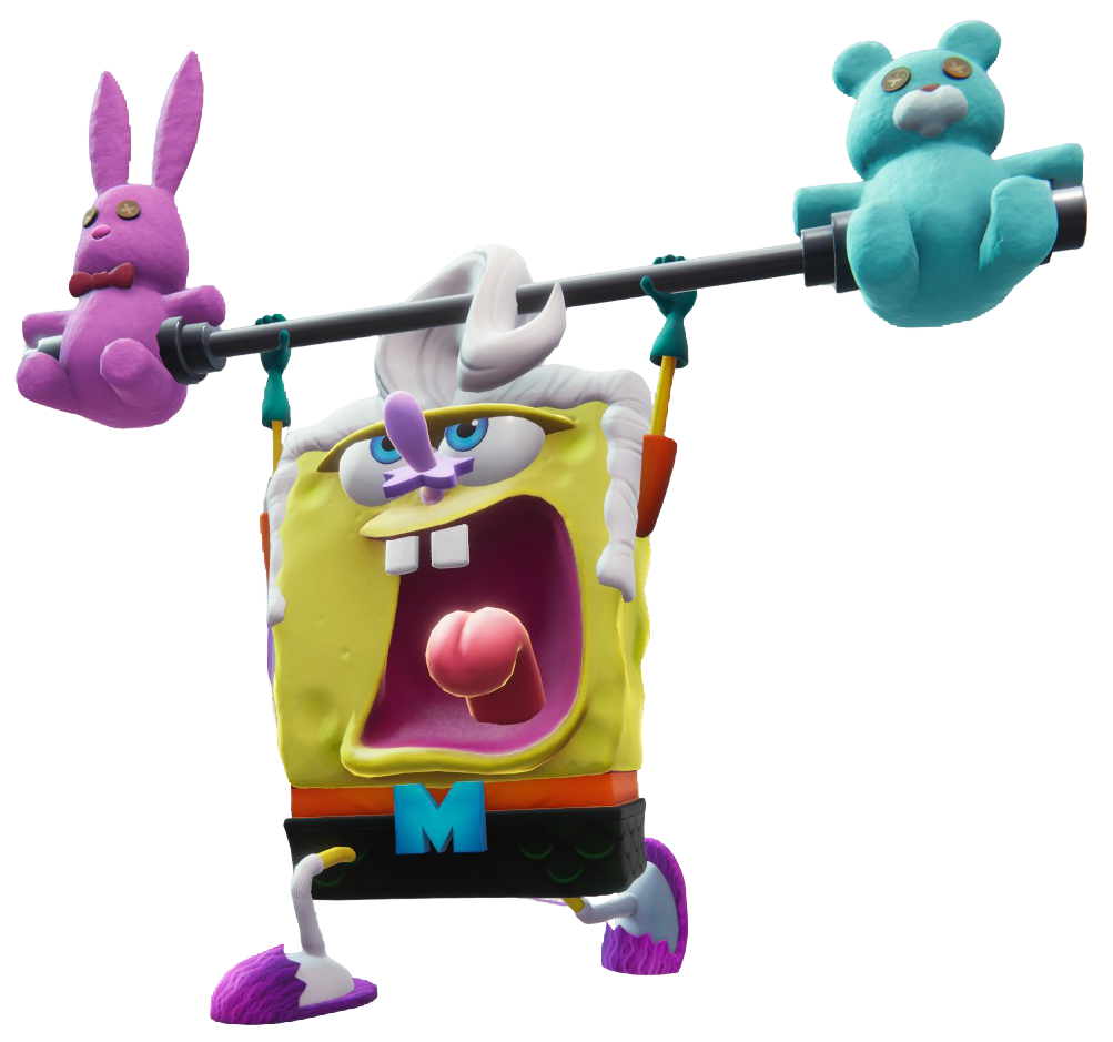 SpongeBob dressed as Mermaid Man, lifting up teddy weights.