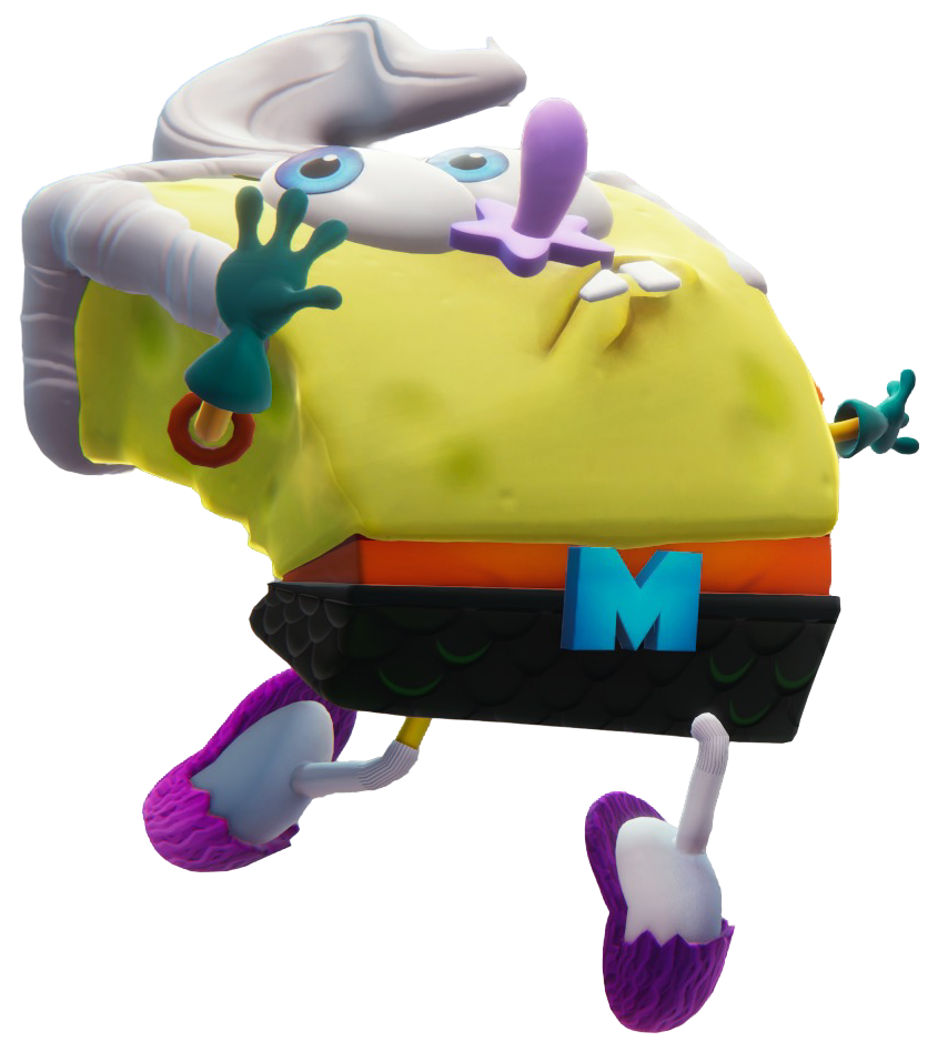 SpongeBob dodging in the air, dressed like Mermaid Man.