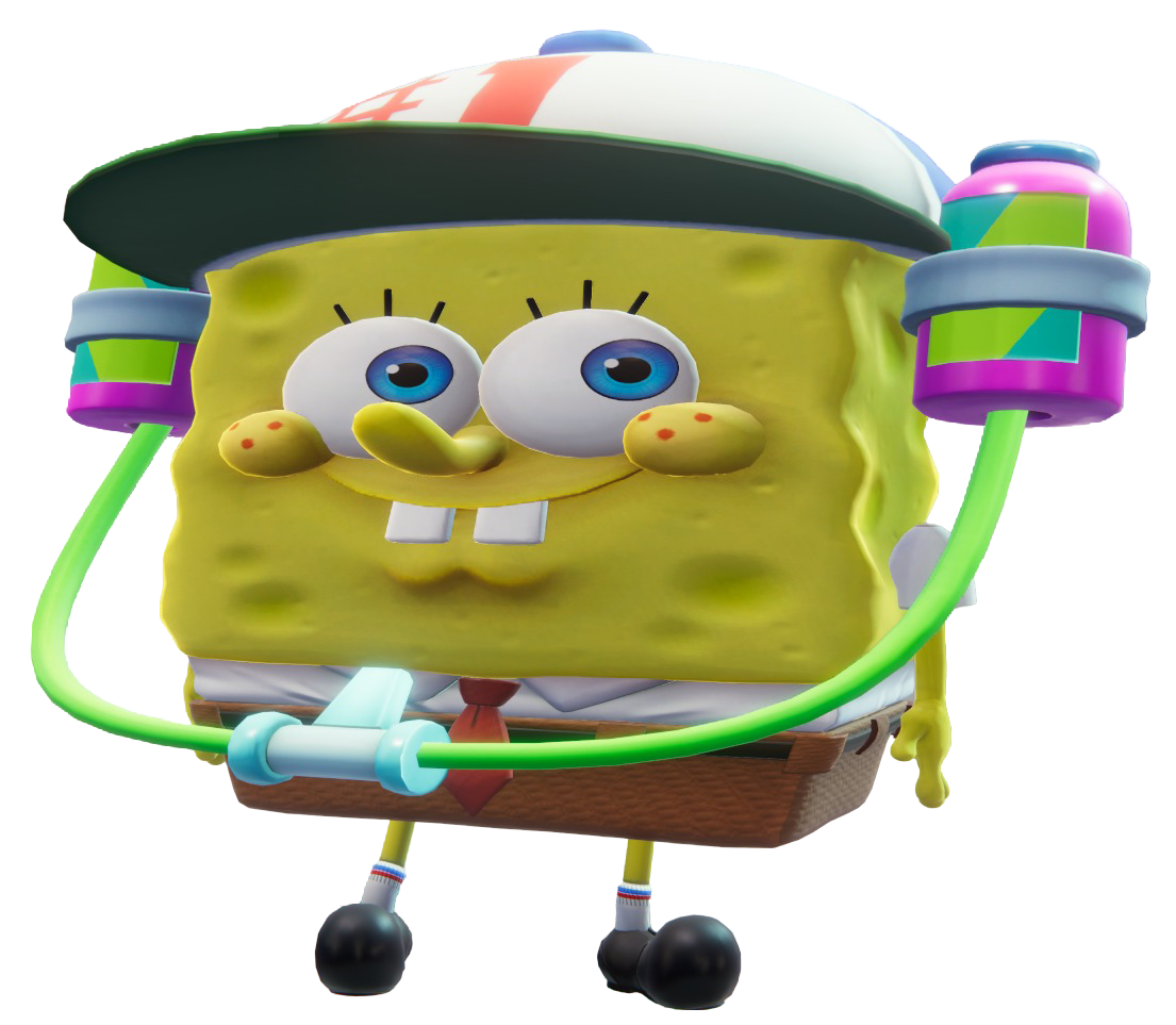 SpongeBob ducking on the ground with a smile, wearing a soda drinking hat.