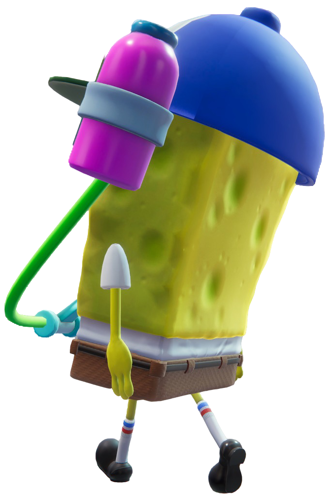 SpongeBob walking away, wearing a soda drinking hat.