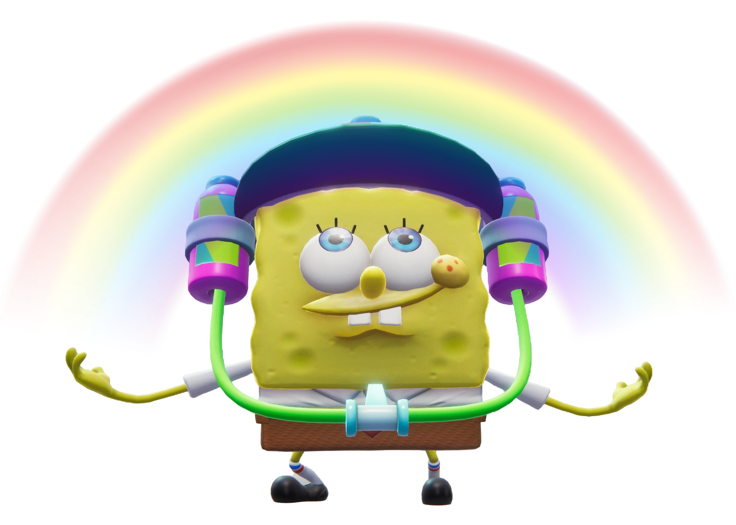 SpongeBob doing his famous imagination pose with a rainbow, while wearing a soda drink hat.