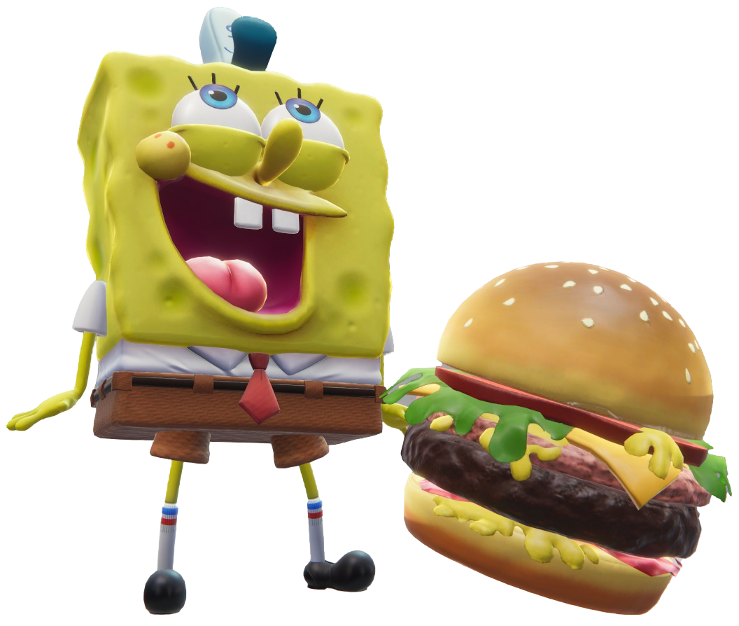 SpongeBob in his Krusty Krew uniform, laughing next to a Krabby Patty.