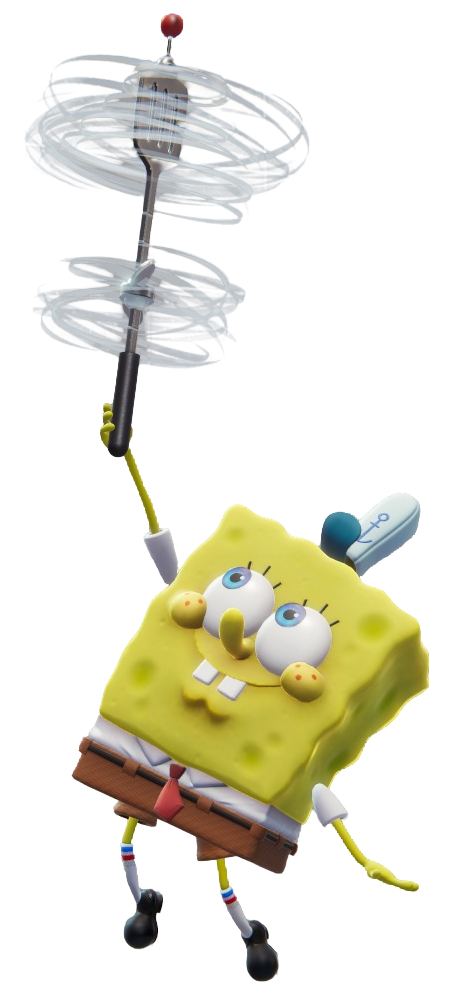 SpongeBob in his Krusty Krew uniform, flying with his hydrodynamic spatula.
