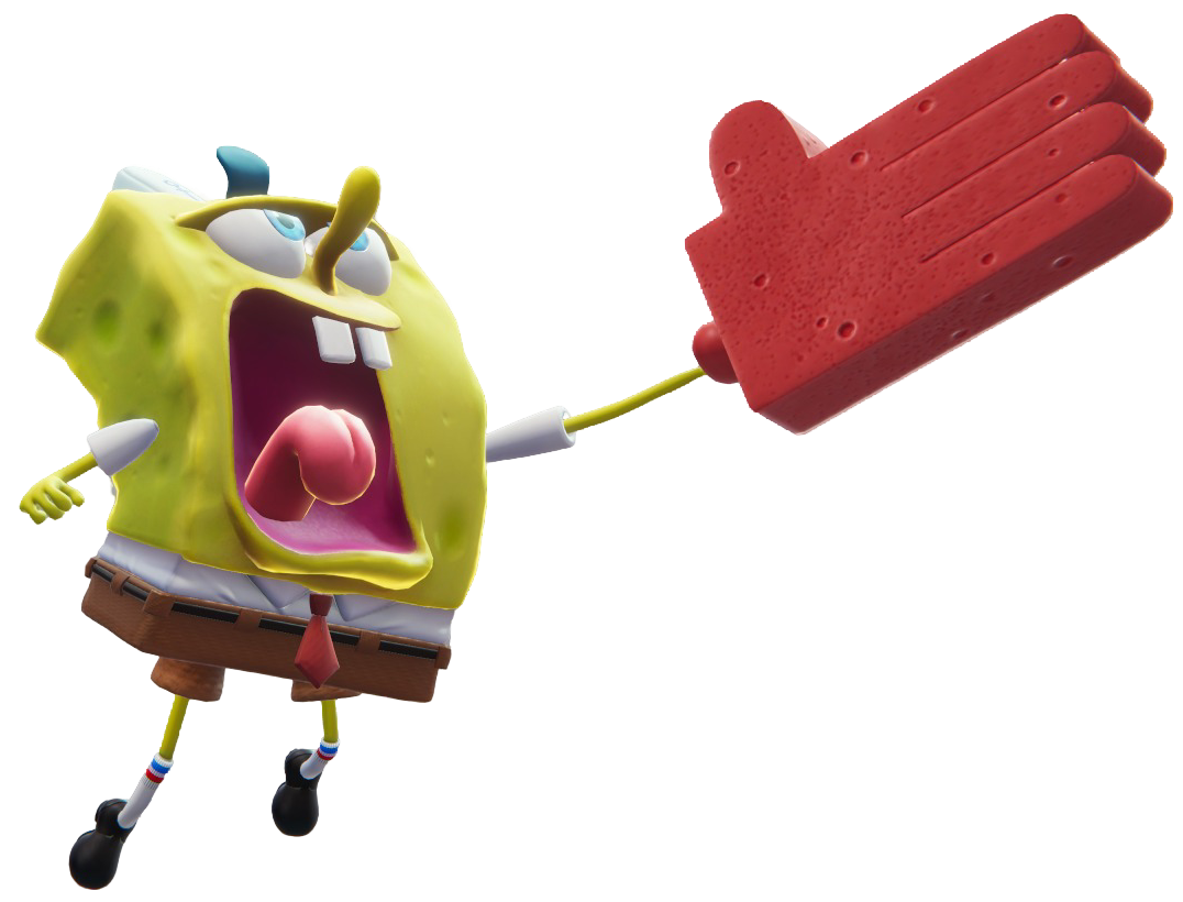 SpongeBob in his Krusty Krew uniform, doing a karate chop in the air.