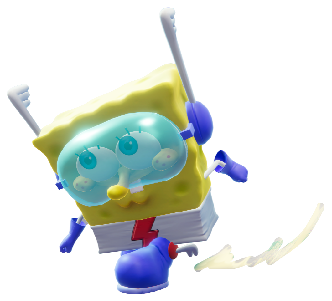 SpongeBob dressed as the Quickster, dashing forward.