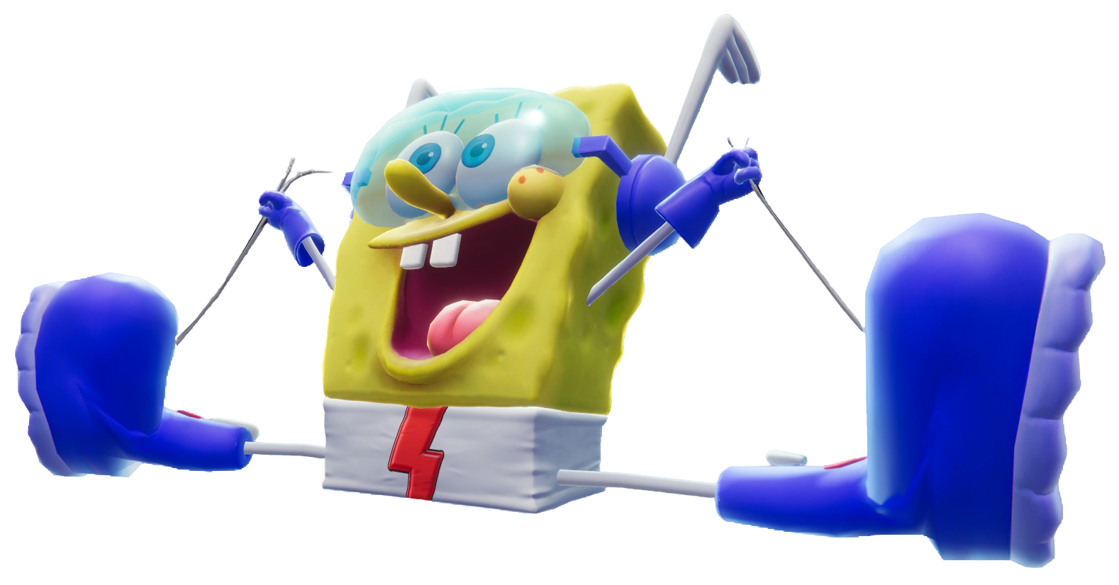 SpongeBob dressed as the Quickster, pulling his shoelaces tight.