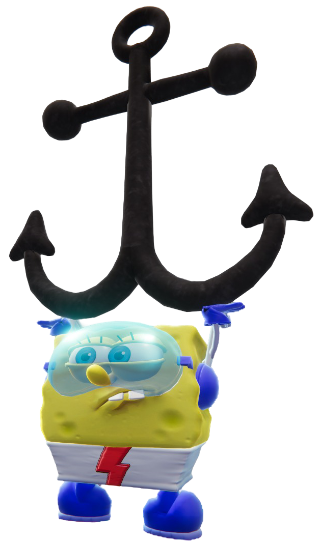 SpongeBob dressed as the Quickster, struggling to hold an anchor.