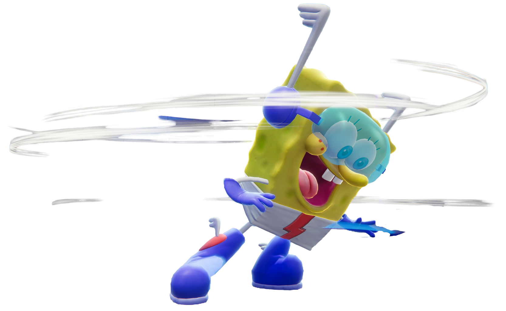 SpongeBob dressed as the Quickster, bringing it around town by spinning.