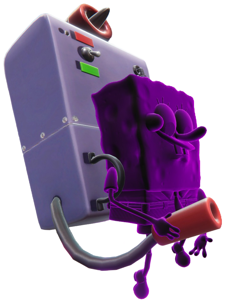 SpongeBob's Ghost Clone falling to the ground while using a leaf blower.